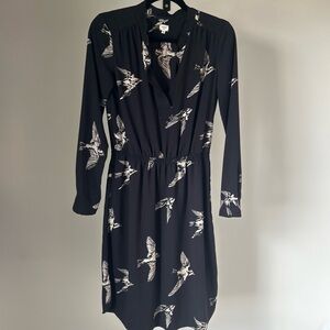 Aritzia Wilfred Black Dress with Sparrow Print